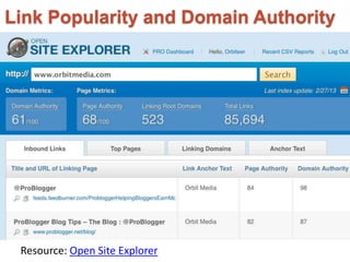 Link Popularity and Domain Authority
Resource: Open Site Explorer
 