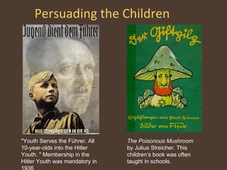 Persuading the Children  "Youth Serves the Führer. All 10-year-olds into the Hitler Youth. " Membership in the Hitler Youth was mandatory in 1936 The Poisonous Mushroom  by Julius Streicher. This children’s book was often taught in schools. 