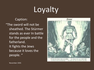 Loyalty  Caption: “ The sword will not be sheathed. The Stürmer stands as ever In battle for the people and the fatherland.  It fights the Jews because it loves the people. “ November 1935 