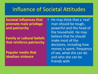 Influence of Societal Attitudes 
Societal influences that 
promote male privilege 
and patriarchy 
Family or cultural beliefs 
that reinforce patriarchy 
Popular media that 
idealizes violence 
• He may think that a ‘real’ 
man should be tough, 
powerful and the head of 
the household. He may 
believe that he should 
make most of the 
decisions, including how 
money is spent, frequency 
of sex, what she can do 
and who she can be 
friends with 
 