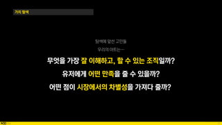 27
가치 탐색
탐색에 앞선 고민들
우리의 아트는…
무엇을 가장 잘 이해하고, 할 수 있는 조직일까?
유저에게 어떤 만족을 줄 수 있을까?
어떤 점이 시장에서의 차별성을 가져다 줄까?
 