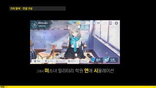 33
가치 탐색 – 컨셉 구상
그래서 미소녀 밀리터리 학원 연애 시뮬레이션
 