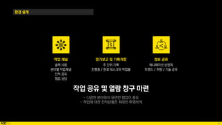 59
환경 설계
작업 공유 및 열람 창구 마련
슬랙 사용
분야별 작업채널
진척 공유
협업 상담
작업 채널
주 단위 기록
진행중 / 완료 태스크와 작업물
정기보고 및 기록저장
애니메이션 상영회
트렌드 / 취향 / 기술 공유
정보 공유
 