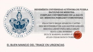 BENEMÉRITA UNIVERSIDAD AUTÓNOMA DE PUEBLA
FACULTAD DE MEDICINA
COMPLEJO UNIVERSITARIO DE LA SALUD
LIC. MEDICINA FAMILIAR Y COMUNITARIA
FRANCISCO BRIAN APARICIO CASTRO
IRIS MONTSERRAT DE LOS SANTOS LOZANO
BRENDA LISSET PEÑA MELGAREJO
ELVIA LARA ROMERO
DULCE MARISOL RAMIRO JUÁREZ
JULIO CESAR RONCO TORRES
EL BUEN MANEJO DEL TRIAGE EN URGENCIAS
 