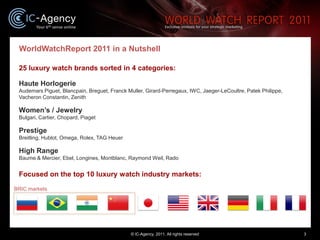 WorldWatchReport 2011 in a Nutshell

 25 luxury watch brands sorted in 4 categories:

 Haute Horlogerie
 Audemars Piguet, ...