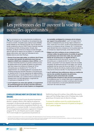 RAPPORT 2014 SUR LA RICHESSE DANS LE MONDE16
bénéficié d’une hausse de la confiance à deux chiffres dans toutes les
régions sauf l’Asie-Pacifique (Japon exclu) et l’Amérique latine, la plus
grande hausse (16,3 points) ayant été observée en Europe.
Le niveau de confiance envers les sociétés de gestion de
patrimoine a connu une hausse de 18,9 points en Europe et
de 19,7 points au Japon.
LE NIVEAU DE CONFIANCE MONTE EN FLÈCHE DANS TOUS LES
DOMAINES
Le niveau de confiance envers le secteur de gestion du patrimoine,
déjà élevé, a grimpé en flèche en 2014, dopé par les perspectives
économiques et de placement plus optimistes. Les gestionnaires et
sociétés de gestion de patrimoine ont grandement bénéficié de cette
humeur positive et ce sentiment favorable : le niveau de confiance des
IF envers les gestionnaires de patrimoine a augmenté de 13,5 points,
atteignant 74,7 %, et de 15,0 points pour les sociétés, atteignant
76,4 % (voir le Graphe 12). Les gestionnaires de patrimoine ont
Nos conclusions sur les comportements et préférences
des IF se basent sur L’Enquête sur les perspectives des
IF dans le monde8
, l’enquête la plus vaste et la plus détaillée
jamais réalisée sur les individus fortunés. Pour la deuxième
année consécutive, plus de 4 500 IF dans 23 grands marchés
en Amérique du Nord, Amérique latine, Europe, Asie-
Pacifique, au Moyen-Orient et en Afrique ont été interrogés
dans le cadre de ce rapport (voir le Graphe 11). L’enquête a été
élargie cette année, avec l’ajout de l’Indonésie et de la
Malaisie dans la zone Asie-Pacifique.
ƒƒ Partant d’une base déjà solide, la confiance des IF dans
le secteur de la gestion de patrimoine sous tous ses
aspects a atteint une croissance à deux chiffres. Les IF
ont dans l’ensemble exprimé une grande confiance envers
les gestionnaires et les sociétés de gestion de patrimoine,
avec des niveaux de confiance en hausse de 13,5 et
15,0 points pour un résultat de 74,7 % et 76,4 %
respectivement. On constate également une hausse de la
confiance envers les marchés financiers (+12,8 points pour
un résultat de 58,2 %) et les organismes de réglementation
(+16,4 points pour un résultat de 56,0 %), en raison d’un fort
sentiment favorable. Leur confiance dans la production de
richesse future, qui était déjà élevée, a augmenté de
1,7 point pour un résultat de 77,1 %.
ƒƒ Les IF adoptent une vision plus globale, en augmentant
les investissements hors de leurs marchés nationaux,
tandis que les IEF sont en train d’opérer un changement
de mentalité, privilégiant la croissance de la richesse
par rapport à sa préservation9
. Les IF ont réparti 36,6 %
de leurs investissements hors de leur région d’attache en
2014, contre 25,0 % en 2013. Les IEF se sont beaucoup plus
axés sur la croissance de leur richesse, 30,7 % d’entre eux
ayant déclaré faire de la croissance et non la préservation de
la richesse leur objectif principal, contre 18,0 % en 2013.
ƒƒ Malgré une forte confiance et une croissance de la
richesse solide, les gestionnaires et sociétés de gestion
de patrimoine sont moins bien notés, leur cote ayant
baissé de 4,0 points pour un résultat de 63,0 %.
La baisse est plus forte chez les IEF, avec une chute de
8,6 points pour un résultat de 64,6 % contre 73,2 % l’an
dernier. Les jeunes IF sont plus sévères envers les sociétés
de gestion de patrimoine que les IF plus âgés. Leur cote de
popularité chez les moins de 40 ans est de 62,4 %, elle est
de 60,8 % chez les 40 à 50 ans, tandis qu’elle est de 64,3 %
chez les 50 à 59 ans et de 66,4 % chez les plus de 60 ans.
ƒƒ Les IF réaffirment des préférences claires en matière de
service des sociétés de gestion de patrimoine,
indiquant qu’ils recherchent des conseils
professionnels d’experts et des services personnalisés.
Si la préférence pour un contact direct avec un gestionnaire
de patrimoine demeure, le contact numérique prend de plus
en plus d’importance, et il est particulièrement dominant
chez les IF de moins de 40 ans.
Les préférences des IF ouvrent la voie à de
nouvelles opportunités
8	
L’Enquête sur les perspectives des IF dans le monde de Capgemini, RBC Wealth Management et Scorpio Partnership a été menée en janvier et février 2014
9	
Pour les besoins de l’enquête, nous avons pris la tranche de 20 millions de $US et plus en actifs investissables comme notre section de richesse la plus élevée. La définition d’un IEF reste à 30 millions de
$US et plus. À des fins d’analyse, la tranche supérieure de l’enquête sert d’extrapolation fiable pour les IEF.
 