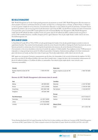 RAPPORT 2014 SUR LA RICHESSE DANS LE MONDE 51
RBC WEALTH MANAGEMENT
Canada
Bureaux répartis sur plus de 140
sites
+1 855 444 5152
RBC WEALTH MANAGEMENT
RBC Wealth Management est l’un des 10 plus grands gestionnaires de patrimoine au monde*. RBC Wealth Management offre directement aux
clients prospères, fortunés et extrêmement fortunés au Canada, aux États-Unis, en Amérique latine, en Europe, au Moyen-Orient, en Afrique et
en Asie une gamme complète de services bancaires, d’investissement, fiduciaires, et autres solutions de gestion de patrimoine. L’entreprise fournit
également des produits et des services de gestion d’actifs directement et par le biais de RBC et de distributeurs externes aux clients institutionnels
et aux particuliers, grâce à l’activité RBC Gestion globale des actifs (notamment BlueBay Asset Management). RBC Wealth Management
compte plus de 690 milliards de dollars canadiens d’avoirs sous gestion, plus de 426 milliards de dollars canadiens d’avoirs sous gestion et
environ 4 400 conseillers financiers, conseillers, banquiers privés et agents fiduciaires. Pour de plus amples détails, veuillez visiter le site www.
rbcwealthmanagement.com
ROYAL BANK OF CANADA
La Royal Bank of Canada (RY sur TSX et NYSE) est la plus grande banque du Canada et l’une des plus grandes banques au monde en termes de
capitalisation boursière. Nous sommes l’une des principales sociétés de services financiers diversifiés en Amérique du Nord et fournissons des services
bancaires personnels et commerciaux, des services de gestion de patrimoine, des assurances, des services bancaires de financement et
d’investissement, et des services de produits et de services de marchés des capitaux à l’échelle mondiale. Nous employons environ 79 000 personnes à
temps plein et à temps partiel qui servent près de 16 millions de particuliers, d’entreprises, d’administrations publiques et de clients institutionnels
grâce à des bureaux au Canada, aux États-Unis et dans 42 autres pays. Pour de plus amples détails, veuillez visiter le site www.rbc.com.
RBC appuie une vaste gamme d’initiatives communautaires par des dons, des commandites et des activités de bénévolat des employés. En 2013,
nous avons versé plus de 104 millions de dollars à des causes dans le monde entier, y compris des dons et des investissements communautaires de
plus de 69 millions de dollars et 35 millions de dollars en commandites. Pour obtenir de plus amples détails, visitez www.rbc.com/
community-sustainability.
*Private Banking Benchmark 2013 de Scorpio Partnership. Aux États-Unis, les valeurs mobilières sont offertes par l’entremise de RBC Wealth Management,
une division de RBC Capital Markets, LLC, filiale en propriété exclusive de la Royal Bank of Canada. Membre de la FINRA, du NYSE et de la SIPC.
Bureaux de RBC Wealth Management sélectionnés dans le monde
Asie
Beijing +86 5839 9300
Brunei +673 2 224366
Hong Kong +852 2848 1388
Singapour +65 6230 1888
Îles Britanniques
Guernesey +44 1481 744000
Jersey +44 1534 283000
Londres +44 20 7653 4000
Caraïbes
Bahamas +1 242 702 5900
Barbade +1 246 467 4300
Îles Caïmans +1 345 949 9107
Europe
Madrid +34 91 310 00 13
Genève +41 22 819 4242
Moyen-Orient
Dubai +971 4 3313 196
États-Unis
Bureaux répartis sur plus de 190
sites
+1 800 759 4029
 