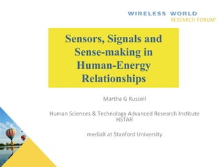 Sensors, Signals and
Sense-making in
Human-Energy
Relationships
Martha	
  G	
  Russell	
  
	
  
Human	
  Sciences	
  &	
  Technology	
  Advanced	
  Research	
  Ins<tute	
  
HSTAR	
  
	
  
mediaX	
  at	
  Stanford	
  University	
  

 