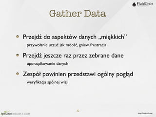 Gather Data

Przejdź do aspektów danych „miękkich”
	

 przywołanie uczuć jak radość, gniew, frustracja
Przejdź jeszcze raz przez zebrane dane
	

 uporządkowanie danych
Zespół powinien przedstawi ogólny pogląd
	

 weryﬁkacja spójnej wizji
	



                          32
                                                      http://ﬂuidcircle.net
 