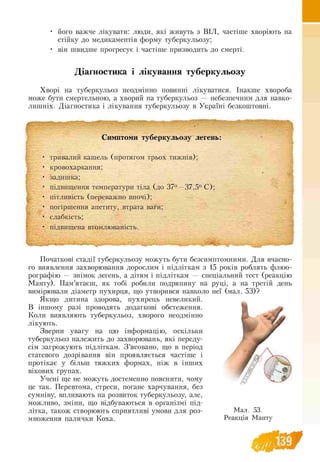 • його важче лікувати: люди, які живуть з ВІЛ, частіше хворіють на
стійку до медикаментів форму туберкульозу;
• він швидше прогресує і частіше призводить до смерті.
Діагностика і лікування туберкульозу
Хворі на туберкульоз неодмінно повинні лікуватися. Інакше хвороба
може бути смертельною, а хворий на туберкульоз — небезпечним для навко-
лишніх. Діагностика і лікування туберкульозу в Україні безкоштовні.
Симптоми туберкульозу легень:
тривалий кашель (протягом трьох тижнів);
кровохаркання;
задишка;
підвищення температури тіла (до 37о—37,5о С);
пітливість (переважно вночі);
погіршення апетиту, втрата ваги;
слабкість;
підвищена втомлюваність.
Початкові стадії туберкульозу можуть бути безсимптомними. Для вчасно­
го виявлення захворювання дорослим і підліткам з 15 років роблять флюо­
рографію — знімок легень, а дітям і підліткам — спеціальний тест (реакцію
Манту). Пам’ятаєш, як тобі робили подряпину на руці, а на третій день
вимірювали діаметр пухирця, що утворився навколо неї (мал. 53)?
Якщо дитина здорова, пухирець невеликий.
В іншому разі проводять додаткові обстеження.
Коли виявляють туберкульоз, хворого неодмінно
лікують.
Зверни увагу на цю інформацію, оскільки
туберкульоз належить до захворювань, які переду­
сім загрожують підліткам. З ’ясовано, що в період
статевого дозрівання він проявляється частіше і
протікає у більш тяжких формах, ніж в інших
вікових групах.
Учені ще не можуть достеменно пояснити, чому
це так. Перевтома, стреси, погане харчування, без
сумніву, впливають на розвиток туберкульозу, але,
можливо, зміни, що відбуваються в організмі під­
літка, також створюють сприятливі умови для роз- Мал. 53.
множення палички Коха. Реакція Манту
 