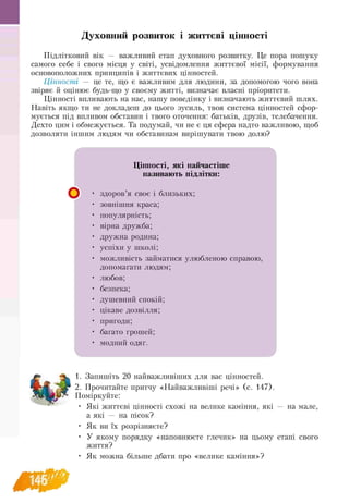 Духовний розвиток і життєві цінності
Підлітковий вік — важливий етап духовного розвитку. Це пора пошуку
самого себе і свого місця у світі, усвідомлення життєвої місії, формування
основоположних принципів і життєвих цінностей.
Цінності — це те, що є важливим для людини, за допомогою чого вона
звіряє й оцінює будь-що у своєму житті, визначає власні пріоритети.
Цінності впливають на нас, нашу поведінку і визначають життєвий шлях.
Навіть якщо ти не докладеш до цього зусиль, твоя система цінностей сфор-
мується під впливом обставин і твого оточення: батьків, друзів, телебачення.
Дехто цим і обмежується. Та подумай, чи не є ця сфера надто важливою, щоб
дозволяти іншим людям чи обставинам вирішувати твою долю?
I ' І ^
Цінності, які найчастіше
називають підлітки:
здоров’я своє і близьких;
зовнішня краса;
популярність;
вірна дружба;
дружна родина;
успіхи у школі;
можливість займатися улюбленою справою,
допомагати людям;
любов;
безпека;
душевний спокій;
цікаве дозвілля;
пригоди;
багато грошей;
модний одяг.
1. Запишіть 20 найважливіших для вас цінностей.
2. Прочитайте притчу «Найважливіші речі» (с. 147).
Поміркуйте:
• Які життєві цінності схожі на велике каміння, які — на мале,
а які — на пісок?
• Як ви їх розрізняєте?
• У якому порядку «наповнюєте глечик» на цьому етапі свого
життя?
• Як можна більше дбати про «велике каміння»?
146
 