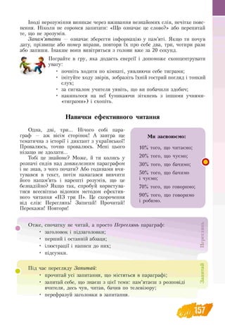 Іноді нерозуміння виникає через вживання незнайомих слів, нечітке пояс­
нення. Ніколи не соромся запитати: «Що означає це слово?» або перепитай
те, що не зрозумів.
Запам’ятати — означає зберегти інформацію у пам’яті. Якщо ти почув
дату, прізвище або номер вправи, повтори їх про себе два, три, чотири рази
або запиши. Інакше вони вивітряться з голови вже за 20 секунд.
Пограйте в гру, яка додасть енергії і допоможе сконцентрувати
увагу:
• почніть ходити по кімнаті, уявляючи себе тиграми;
• імітуйте ходу звірів, зобразіть їхній гострий погляд і тонкий
слух;
• за сигналом учителя уявіть, що ви побачили здобич;
• накиньтеся на неї (уникаючи зіткнень з іншими учнями-
«тиграми») і схопіть.
и
Навички ефективного читання
Одна, дві, три... Нічого собі пара­
граф — аж вісім сторінок! А завтра ще
тематична з історії і диктант з української!
Провалюсь, точно провалюсь. Мені цього
нізащо не здолати...
Тобі це знайоме? Може, й ти колись у
розпачі сидів над довжелезним параграфом
і не знав, з чого почати? Або годинами вчи­
тувався в текст, потім намагався вивчити
його напам’ять і нарешті розумів, що це
безнадійно? Якщо так, спробуй користува­
тися всесвітньо відомим методом ефектив­
ного читання «ПЗ три П». Це скорочення
від слів: Переглянь! Запитай! Прочитай!
Перекажи! Повтори!
Ми засвоюємо:
10% того, що читаємо;
20% того, що чуємо;
30% того, що бачимо;
50% того, що бачимо
і чуємо;
70% того, що говоримо;
90% того, що говоримо
і робимо.
О
Отже, спочатку не читай, а просто Переглянь параграф:
• заголовок і підзаголовки;
• перший і останній абзаци;
• ілюстрації і написи до них;
• підсумки.
Я
«
и
а
и
В
Під час перегляду Запитай:
• прочитай усі запитання, що містяться в параграфі;
• запитай себе, що знаєш з цієї теми: пам’ятаєш з розповіді
вчителя, десь чув, читав, бачив по телевізору;
• перефразуй заголовки в запитання.
ан
и
Є
а
to
 