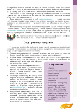спілкуються різними мовами. Те, що для одного «добре», може бути «пога­
ним» для іншого; те, що одному подобається, в іншого може викликати відра­
зу. У такому разі між ними можуть виникнути конфлікти поглядів.
Розв’язання такого конфлікту не означає, що його учасники мають зміни­
ти свою віру чи переконання. їм доречно буде пригадати народну мудрість:
«Про смаки не сперечаються».
Дуже важливо розвинути в собі толерантність — уміння визнава­
ти і поважати право іншої людини на власну, відмінну від твоєї, думку і
пам’ятати, що толерантність — це пошук того, що об’єднує, а не роз’єднує
людей.
Зіткнення інтересів різних людей або ігнорування однією особою інтересів
і потреб іншої — друга група причин, з яких виникає переважна більшість
конфліктів інтересів. Якщо люди діють без урахування цього, то навіть у
випадку примирення конфлікт не вичерпується і може тривати роками.
Які з названих вами у стартовому завданні конфліктів є конфлік
тами поглядів, а які — конфліктами інтересів?
Стадії розвитку конфліктів
У розвитку конфліктів виділяють п’ять стадій: виникнення конфліктної
ситуації; усвідомлення конфлікту; початок відкритого протистояння; еска­
лація конфлікту; завершення конфлікту.
1. Виникнення конфліктної ситуації відбувається при зіткненні двох або
більше людей, інтереси чи переконання яких істотно відмінні.
2. Усвідомлення конфлікту настає тоді, коли хоча б один із його учасників
починає відчувати дискомфорт у спілкуванні з іншими, критично і не-
доброзичливо думає про них або уни­
кає контактів з ними.
„ „ .3 Конфліктогени:
3. почат ок відкритого протистояння —
момент, коли один з учасників нава- • образи;
жується на заяву або погрозу. Інший у
відповідь також починає діяти: захи- • зневажливе ставлення;
щатися чи нападати. • висміювання; ^
4. Ескалація конфлікту. На цьому етапі • вихваляння;
сторони відкрито заявляють про свої • категоричні судження;
позиції та висувають вимоги. Вони
. J . • повчання;
можуть і не усвідомлювати власних _ _
інтересів, не розуміти глибинної суті • нечесність, нещирість;
конфлікту. Сторони часто вдаються • порушення правил
до конфліктогенів — слів або дій, що етикету (не вітатися,
розпалюють конфлікт. ігнорувати чиюсь при-
5. Завершення конфлікту можливе у ^ т ш с т ^ перебиватиХ
разі його розв’язання (досягнення ком- • деякі узагальнення: «ти
промісу), згасання конфлікту через ніколи», «ти завжди»,
втрату зацікавленості учасників до «я нізащо», «це без
предмета протистояння або відсторо- надійно».
нення одного з опонентів.
і
Конфліктогени:
образи;
зневажливе ставлення;
висміювання;
вихваляння;
категоричні судження;
повчання;
нечесність, нещирість;
порушення правил
етикету (не вітатися,
ігнорувати чиюсь при­
сутність, перебивати);
деякі узагальнення: «ти
ніколи», «ти завжди»,
«я нізащо», «це без
надійно».
 
