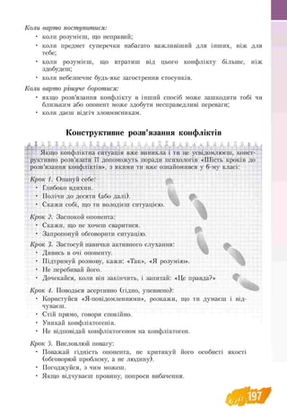 Коли варто поступитися:
• коли розумієш, що неправий;
• коли предмет суперечки набагато важливіший для інших, ніж для
тебе;
• коли розумієш, що втратиш від цього конфлікту більше, ніж
здобудеш;
• коли небезпечне будь-яке загострення стосунків.
Коли варто рішуче боротися:
• якщо розв’язання конфлікту в інший спосіб може зашкодити тобі чи
близьким або опонент може здобути несправедливі переваги;
• коли даєш відсіч зловмисникам.
Конструктивне розв’язання конфліктів
Fr + Л г, *
Якщо конфліктна ситуація вже виникла і ти це усвідомлюєш, конст-
руктивно розв’язати її допоможуть поради психологів «Шість кроків до
розв’язання конфліктів», з якими ти вже ознайомився у 6-му класі:
Крок 1. Опануй себе:
• Глибоко вдихни.
• Полічи до десяти (або далі).
• Скажи собі, що ти володієш ситуацією. % *
Крок 2. Заспокой опонента:
• Скажи, що не хочеш сваритися.
• Запропонуй обговорити ситуацію.
Крок З■ Застосуй навички активного слухання:
• Дивись в очі опоненту.
• Підтримуй розмову, кажи: «Так», «Я розумію».
• Не перебивай його.
• Дочекайся, коли він закінчить, і запитай: «Це правда?»
Крок 4. Поводься асертивно (гідно, упевнено):
• Користуйся «Я-повідомленнями», розкажи, що ти думаєш і від­
чуваєш.
• Стій прямо, говори спокійно.
• Уникай конфліктогенів.
• Не відповідай конфліктогеном на конфліктоген.
Крок 5. Висловлюй повагу:
• Поважай гідність опонента, не критикуй його особисті якості
(обговорюй проблему, а не людину).
• Погоджуйся, з чим можеш.
• Якщо відчуваєш провину, попроси вибачення.
ї! п
 