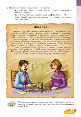 2. Прочитайте притчу «Давня мрія». Поміркуйте:
• Про який вид конфлікту в ній ідеться — конфлікт поглядів чи
конфлікт інтересів?
• На якій стадії 30 років перебував цей конфлікт (див. с. 195)?
• Який спосіб розв’язання конфлікту обрало подружжя
(див. мал. 68)?
Давня мрія
Чоловік і дружина прожили разом 30 років. У день ювілею дру­
жина, як завжди, спекла на сніданок булку — вона пекла її щоранку,
це було сімейною традицією. За сніданком розрізала булку навпіл
і вже збиралася, як завжди, подати чоловікові верхню її частину.
Та раптом передумала: «У день нашого ювілею я хочу сама з ’їсти
цю рум’яну скоринку. Врешті-решт, я це заслужила: тридцять років
доглядала наш дім, народила і виховала наших синів, увесь цей час
зберігала чоловікові вірність, любила і поважала його».
І вона тремтячою рукою передала чоловікові нижню частину
булочки. А той, узявши її, сказав: «Який неоціненний дарунок, люба.
Вже тридцять років я не їв своєї улюбленої нижньої половини булоч­
ки, тому що завжди вважав, що вона по праву належить тобі».
і
Об’єднайтесь у пари, розподіліть ролі й розіграйте, як би ви
повелися на місці кожного з них того дня, коли дружина спекла
першу булку.
ІЙЧ1
 