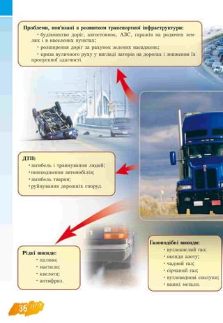 Проблеми, пов’язані з розвитком транспортної інфраструктури:
• будівництво доріг, автостоянок, АЗС, гаражів на родючих зем­
лях і в населених пунктах;
• розширення доріг за рахунок зелених насаджень;
• криза вуличного руху у вигляді заторів на дорогах і зниження їх
пропускної здатності.
36
 