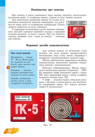 Оповіщення про пожежу
¥ В И П А Д К У П О Ж Е Ж І
Р О З Б И Т И С К Л О 1
МА Т И С Н V Т И К Н О П К У
Про пожежу в школі оповіщають через звукову пожежну сигналізацію,
внутрішню радіо- й телефонну мережі, дзвінок та інші звукові сигнали.
Для своєчасного виявлення пожежі на стелях вста­
новлюють автоматичні пожежні оповіщувачі, які реагу­
ють на появу диму чи підвищення температури. Сигнал
тривоги подається на пульт чергового.
У коридорах встановлюють ручні пожежні оповіщу­
вачі: металеві скриньки червоного кольору з прозорим
скляним віконцем, за яким є кнопка. Той, хто побачить
пожежу, розбиває скло і тисне на кнопку — оповіщає
про пожежу.
Первинні засоби пожежогасіння
О
Три стадії пожежі
Початкова — триває
15—30 хв. Якщо поже-
жу загасити на цій
стадії, вона заподіє най­
менші збитки.
Основна — пожежа
швидко поширюється,
загасити її дуже важко.
Стадія закінчення —
вогонь згасає в міру
догоряння матеріалів.
Для гасіння пожежі на початковій стадії
залежно від виду пожежі використовують
вогнегасники, воду, пісок, землю, покривала з
негорючого теплоізоляційного полотна тощо.
Школи забезпечують первинними засобами
пожежогасіння: пожежними кранами, пожеж­
ними щитами і вогнегасниками.
Пожежне водопостачання. Школи облад­
нують пожежними кранами (скорочено — ПК).
На дверцятах шафи пожежного крана є індекс
ПК, його порядковий номер і номер телефону
пожежної частини (мал. 24).
У шафі — пожежні крани, обладнані рука­
вами і стволами, а також важіль для полегшен­
ня відкривання крана. Тут можуть встанов­
лювати й вогнегасники.
При пожежі
длвоніітіА 01
ГК-5
Ж
14
Мал. 24
 