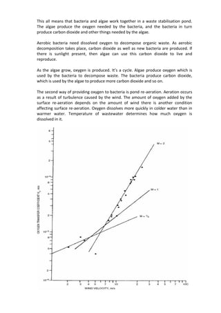This all means that bacteria and algae work together in a waste stabilisation pond.
The algae produce the oxygen needed by the bacteria, and the bacteria in turn
produce carbon dioxide and other things needed by the algae.
Aerobic bacteria need dissolved oxygen to decompose organic waste. As aerobic
decomposition takes place, carbon dioxide as well as new bacteria are produced. If
there is sunlight present, then algae can use this carbon dioxide to live and
reproduce.
As the algae grow, oxygen is produced. It’s a cycle. Algae produce oxygen which is
used by the bacteria to decompose waste. The bacteria produce carbon dioxide,
which is used by the algae to produce more carbon dioxide and so on.
The second way of providing oxygen to bacteria is pond re-aeration. Aeration occurs
as a result of turbulence caused by the wind. The amount of oxygen added by the
surface re-aeration depends on the amount of wind there is another condition
affecting surface re-aeration. Oxygen dissolves more quickly in colder water than in
warmer water. Temperature of wastewater determines how much oxygen is
dissolved in it.
 