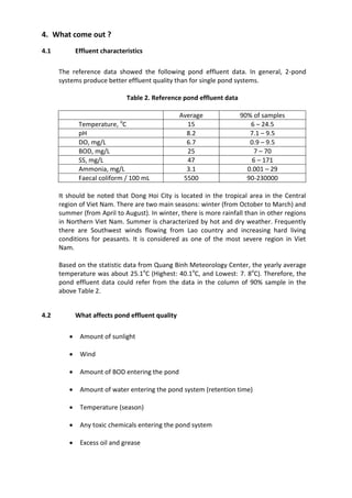 4. What come out ?
4.1 Effluent characteristics
The reference data showed the following pond effluent data. In general, 2-pond
systems produce better effluent quality than for single pond systems.
Table 2. Reference pond effluent data
Average 90% of samples
Temperature, o
C 15 6 – 24.5
pH 8.2 7.1 – 9.5
DO, mg/L 6.7 0.9 – 9.5
BOD, mg/L 25 7 – 70
SS, mg/L 47 6 – 171
Ammonia, mg/L 3.1 0.001 – 29
Faecal coliform / 100 mL 5500 90-230000
It should be noted that Dong Hoi City is located in the tropical area in the Central
region of Viet Nam. There are two main seasons: winter (from October to March) and
summer (from April to August). In winter, there is more rainfall than in other regions
in Northern Viet Nam. Summer is characterized by hot and dry weather. Frequently
there are Southwest winds flowing from Lao country and increasing hard living
conditions for peasants. It is considered as one of the most severe region in Viet
Nam.
Based on the statistic data from Quang Binh Meteorology Center, the yearly average
temperature was about 25.1o
C (Highest: 40.1o
C, and Lowest: 7. 8o
C). Therefore, the
pond effluent data could refer from the data in the column of 90% sample in the
above Table 2.
4.2 What affects pond effluent quality
 Amount of sunlight
 Wind
 Amount of BOD entering the pond
 Amount of water entering the pond system (retention time)
 Temperature (season)
 Any toxic chemicals entering the pond system
 Excess oil and grease
 