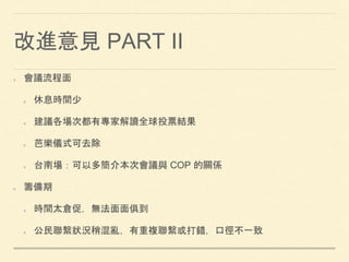 改進意見 PART II
會議流程面
休息時間少
建議各場次都有專家解讀全球投票結果
芭樂儀式可去除
台南場：可以多簡介本次會議與 COP 的關係
籌備期
時間太倉促，無法面面俱到
公民聯繫狀況稍混亂，有重複聯繫或打錯，口徑不一致
 
