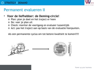 Permanent evalueren II Voor de liefhebber: de Deming-circle!  Plan: plan je doel en het traject er heen Do: voer je plan uit  Check: monitor de voortgang en evalueer tussentijds Act: pas het traject aan op basis van de evaluatie/leerpunten. Als een permanente cyclus om tot betere kwaltieit te komen!!!! 