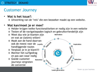 Customer Journey Wat is het issue? :  Uitwerking van de ’reis’ die een bezoeker maakt op een website.  Wat kan/moet je er mee? Helder krijgen welke functionaliteiten er nodig zijn in een website Testen of de navigatiepaden logisch en gebruiksvriendelijk zijn Weet dus wie je klanten zijn en wat ze (latent) willen! Maak aan de hand daarvan ook de meest voor de handliggende routes Verplaat je in je klant!!! Monitor het surfgedrag en pas aan waar nodig Goede customer journeys vergroten  de conversie 