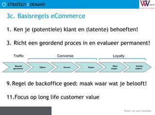 3c. Basisregels eCommerce  Ken je (potentiele) klant en (latente) behoeften!  Richt een geordend proces in en evalueer permanent! Regel de backoffice goed: maak waar wat je belooft! Focus op long life customer value Conversie Loyalty Traffic Bezoek  genereren Kijken Keuren Kopen Weer  kopen  Ambas-   sadeur 