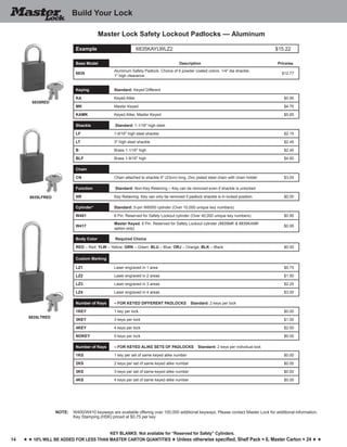 14
Key blankS: Not available for “Reserved for Safety” Cylinders.
h h 10% will be added for less than master carton quantities h Unless otherwise specified, Shelf Pack = 6, Master Carton = 24 h h
Build Your Lock
6835RED
6835LFRED
6835LTRED
Master Lock Safety Lockout Padlocks — Aluminum
NOTE:	 W400/W410 keyways are available offering over 100,000 additional keyways. Please contact Master Lock for additional information.
	 Key Stamping (HSK) priced at $0.75 per key
Example 6835KAYLWLZ2 $15.22
Base Model Description Price/ea.
6835
Aluminum Safety Padlock. Choice of 6 powder coated colors. 1/4" dia shackle.
1" high clearance.
$12.77
Keying Standard: Keyed Different
KA Keyed Alike $0.95
MK Master Keyed $4.70
KAMK Keyed Alike; Master Keyed $5.65
Shackle Standard: 1-1/16" high steel
LF 1-9/16" high steel shackle $2.15
LT 3" high steel shackle $2.45
B Brass 1-1/16" high $2.45
BLF Brass 1-9/16" high $4.60
Chain
CN Chain attached to shackle 9" (23cm) long, Zinc plated steel chain with chain holder $3.05
Function Standard: Non-Key Retaining – Key can be removed even if shackle is unlocked
NR Key Retaining. Key can only be removed if padlock shackle is in locked position. $0.00
Cylinder* Standard: 5-pin W6000 cylinder (Over 10,000 unique key numbers)
W401 6 Pin. Reserved for Safety Lockout cylinder (Over 40,000 unique key numbers) $0.95
W417
Master Keyed. 6 Pin. Reserved for Safety Lockout cylinder (6835MK & 6835KAMK
option only)
$0.95
Body Color Required Choice
RED – Red; YLW – Yellow; GRN – Green; BLU – Blue; ORJ – Orange; BLK – Black $0.00
Custom Marking
LZ1 Laser engraved in 1 area $0.75
LZ2 Laser engraved in 2 areas $1.50
LZ3 Laser engraved in 3 areas $2.25
LZ4 Laser engraved in 4 areas $3.00
Number of Keys – FOR KEYED DIFFERENT PADLOCKS Standard: 2 keys per lock
1KEY 1 key per lock $0.00
3KEY 3 keys per lock $1.00
4KEY 4 keys per lock $2.00
NOKEY 0 keys per lock $0.00
Number of Keys – FOR KEYED ALIKE SETS OF PADLOCKS Standard: 2 keys per individual lock
1KS 1 key per set of same keyed alike number $0.00
2KS 2 keys per set of same keyed alike number $0.00
3KS 3 keys per set of same keyed alike number $0.00
4KS 4 keys per set of same keyed alike number $0.00
 