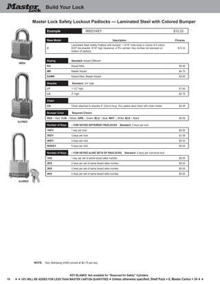 18
Key blankS: Not available for “Reserved for Safety” Cylinders.
h h 10% will be added for less than master carton quantities h Unless otherwise specified, Shelf Pack = 6, Master Carton = 24 h h
3RED
3LFRED
3LHRED
Build Your Lock
Master Lock Safety Lockout Padlocks — Laminated Steel with Colored Bumper
Example 3RED1KEY $10.33
Base Model Description Price/ea.
3
Laminated Steel Safety Padlock with bumper, 1-9/16" wide body in choice of 6 colors.
9/32" dia shackle. 9/16" high clearance. 4 Pin cylinder. Key number ink stamped on
bottom of padlock.
$10.33
Keying Standard: Keyed Different
KA Keyed Alike $0.95
MK Master Keyed $4.70
KAMK Keyed Alike; Master Keyed $5.65
Shackle Standard: 3/4" high
LF 1-1/2" high $1.60
LH 2" high $2.75
Chain
CN Chain attached to shackle 9" (23cm) long, Zinc plated steel chain with chain holder $3.05
Bumper Color Required Choice
RED – Red; YLW – Yellow; GRN – Green; BLU – Blue; WHT – White; BLK – Black $0.00
Number of Keys – FOR KEYED DIFFERENT PADLOCKS Standard: 2 keys per lock
1KEY 1 key per lock $0.00
3KEY 3 keys per lock $1.00
4KEY 4 keys per lock $2.00
NOKEY 0 keys per lock $0.00
Number of Keys – FOR KEYED ALIKE SETS OF PADLOCKS Standard: 2 keys per individual lock
1KS 1 key per set of same keyed alike number $0.00
2KS 2 keys per set of same keyed alike number $0.00
3KS 3 keys per set of same keyed alike number $0.00
4KS 4 keys per set of same keyed alike number $0.00
NOTE:	 Key Stamping (HSK) priced at $0.75 per key
 