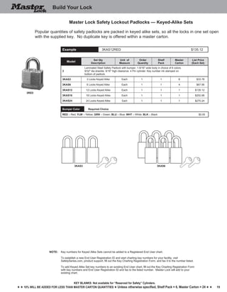 19
Key blankS: Not available for “Reserved for Safety” Cylinders.
h h 10% will be added for less than master carton quantities h Unless otherwise specified, Shelf Pack = 6, Master Carton = 24 h h
Build Your Lock
Master Lock Safety Lockout Padlocks — Keyed-Alike Sets
Example 3KAS12RED $135.12
Popular quantities of safety padlocks are packed in keyed alike sets, so all the locks in one set open
with the supplied key.  No duplicate key is offered within a master carton.
Bumper Color Required Choice
RED – Red; YLW – Yellow; GRN – Green; BLU – Blue; WHT – White; BLK – Black $0.00
NOTE:	 Key numbers for Keyed Alike Sets cannot be added to a Registered End User chart.
	 To establish a new End User Registration ID and start charting key numbers for your facility, visit
	 SafetySeries.com, product support, fill out the Key Charting Registration Form, and fax it to the number listed.
	 To add Keyed Alike Set key numbers to an existing End User chart, fill out the Key Charting Registration Form
	 with key numbers and End User Registration ID and fax to the listed number.  Master Lock will add to your
	 existing chart.
Model
Set Qty
Description
Unit of
Measure
Order
Quantity
Shelf
Pack
Master
Carton
List Price
(Each Set)
3
Laminated Steel Safety Padlock with bumper, 1-9/16" wide body in choice of 6 colors.
9/32" dia shackle. 9/16" high clearance. 4 Pin cylinder. Key number ink stamped on
bottom of padlock.
3KAS3 3 Locks Keyed Alike Each 1 1 8 $33.78
3KAS6 6 Locks Keyed Alike Each 1 1 4 $67.56
3KAS12 12 Locks Keyed Alike Each 1 1 1 $135.12
3KAS18 18 Locks Keyed Alike Each 1 1 1 $202.68
3KAS24 24 Locks Keyed Alike Each 1 1 1 $270.24
3RED
3KAS3 3KAS6
 
