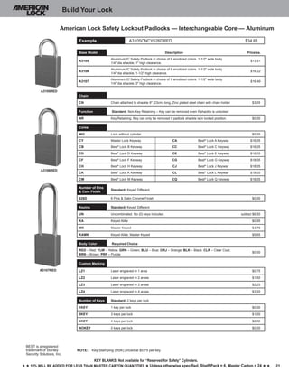 21
Key blankS: Not available for “Reserved for Safety” Cylinders.
h h 10% will be added for less than master carton quantities h Unless otherwise specified, Shelf Pack = 6, Master Carton = 24 h h
Build Your Lock
American Lock Safety Lockout Padlocks — Interchangeable Core — Aluminum
Example A3105CNCY626DRED $34.61
Chain
CN Chain attached to shackle 9" (23cm) long, Zinc plated steel chain with chain holder $3.05
Function Standard: Non-Key Retaining – Key can be removed even if shackle is unlocked
NR Key Retaining. Key can only be removed if padlock shackle is in locked position. $0.00
Cores
WO Lock without cylinder $0.00
CY Master Lock Keyway CA Best®
Lock A Keyway $18.05
CB Best®
Lock B Keyway CC Best®
Lock C Keyway $18.05
CD Best®
Lock D Keyway CE Best®
Lock E Keyway $18.05
CF Best®
Lock F Keyway CG Best®
Lock G Keyway $18.05
CH Best®
Lock H Keyway CJ Best®
Lock J Keyway $18.05
CK Best®
Lock K Keyway CL Best®
Lock L Keyway $18.05
CM Best®
Lock M Keyway CQ Best®
Lock Q Keyway $18.05
Number of Pins
& Core Finish
Standard: Keyed Different
626D 6 Pins & Satin Chrome Finish $0.00
Keying Standard: Keyed Different
UN Uncombinated. No (0) keys included. subtract $6.50
KA Keyed Alike $0.95
MK Master Keyed $4.70
KAMK Keyed Alike; Master Keyed $5.65
Body Color Required Choice
RED – Red; YLW – Yellow; GRN – Green; BLU – Blue; ORJ – Orange; BLK – Black; CLR – Clear Coat;
BRN – Brown; PRP – Purple
$0.00
Custom Marking
LZ1 Laser engraved in 1 area $0.75
LZ2 Laser engraved in 2 areas $1.50
LZ3 Laser engraved in 3 areas $2.25
LZ4 Laser engraved in 4 areas $3.00
Number of Keys Standard: 2 keys per lock
1KEY 1 key per lock $0.00
3KEY 3 keys per lock $1.00
4KEY 4 keys per lock $2.00
NOKEY 0 keys per lock $0.00
A3105RED
A3106RED
A3107RED
Base Model Description Price/ea.
A3105
Aluminum IC Safety Padlock in choice of 9 anodized colors. 1-1/2" wide body.
1/4" dia shackle. 1" high clearance.
$13.51
A3106
Aluminum IC Safety Padlock in choice of 9 anodized colors. 1-1/2" wide body.
1/4" dia shackle. 1-1/2" high clearance.
$16.22
A3107
Aluminum IC Safety Padlock in choice of 9 anodized colors. 1-1/2" wide body.
1/4" dia shackle. 3" high clearance.
$16.49
BEST is a registered
trademark of Stanley
Security Solutions, Inc.
NOTE:	 Key Stamping (HSK) priced at $0.75 per key
 