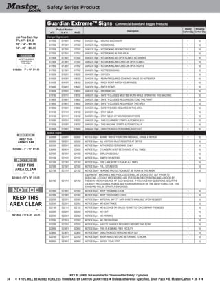 34
Key blankS: Not available for “Reserved for Safety” Cylinders.
h h 10% will be added for less than master carton quantities h Unless otherwise specified, Shelf Pack = 6, Master Carton = 36 h h
Safety Series Product
Guardian ExtremeTM
Signs (Commercial Boxed and Bagged Products)
Product Number
7 x 10 10 x 14 14 x 20
Description
Master
Carton Qty
Shipping
Carton Qty
Danger Signs cont.
S17050 S17051 S17052 DANGER Sign - MOVING MACHINERY 1 10
S17350 S17351 S17352 DANGER Sign - NO SMOKING 1 10
S17500 S17501 S17502 DANGER Sign - NO SMOKING BEYOND THIS POINT 1 10
S17550 S17551 S17552 DANGER Sign - NO SMOKING IN THIS AREA 1 10
S17600 S17601 S17602 DANGER Sign - NO SMOKING NO OPEN FLAMES NO SPARKS 1 10
S17800 S17801 S17802 DANGER Sign - NO SMOKING, MATCHES OR OPEN FLAMES 1 10
S17850 S17851 S17852 DANGER Sign - NO SMOKING, MATCHES OR OPEN LIGHTS 1 10
S17900 S17901 S17902 DANGER Sign - NO TRESPASSING 1 10
S18200 S18201 S18202 DANGER Sign - OXYGEN 1 10
S18300 S18301 S18302 DANGER Sign - PERMIT REQUIRED CONFINED SPACE DO NOT ENTER 1 10
S18400 S18401 S18402 DANGER Sign - PINCH POINT WATCH YOUR HANDS 1 10
S18450 S18451 S18452 DANGER Sign - PINCH POINTS 1 10
S18500 S18501 S18502 DANGER Sign - PROPANE GAS 1 10
S18750 S18751 S18752 DANGER Sign - SAFETY GLASSES MUST BE WORN WHILE OPERATING THIS MACHINE 1 10
S18800 S18801 S18802 DANGER Sign - SAFETY GLASSES REQUIRED BEYOND THIS POINT 1 10
S18850 S18851 S18852 DANGER Sign - SAFETY GLASSES REQUIRED IN THIS AREA 1 10
S19050 S19051 S19052 DANGER Sign - SAFETY SHOES REQUIRED IN THIS AREA 1 10
S19100 S19101 S19102 DANGER Sign - STAY CLEAR 1 10
S19150 S19151 S19152 DANGER Sign - STAY CLEAR OF MOVING CONVEYORS 1 10
S19250 S19251 S19252 DANGER Sign - THIS EQUIPMENT STARTS AUTOMATICALLY 1 10
S19300 S19301 S19302 DANGER Sign - THIS MACHINE STARTS AUTOMATICALLY 1 10
S19400 S19401 S19402 DANGER Sign - UNAUTHORIZED PERSONNEL KEEP OUT 1 10
Notice Signs
S20000 S20001 S20002 NOTICE Sign - BLANK - WRITE YOUR OWN MESSAGE, ERASE & REPEAT 1 10
S20200 S20201 S20202 NOTICE Sign - ALL VISITORS MUST REGISTER AT OFFICE 1 10
S20350 S20351 S20352 NOTICE Sign - AUTHORIZED PERSONNEL ONLY 1 10
S20500 S20501 S20502 NOTICE Sign - CYLINDERS MUST BE CHAINED AT ALL TIMES 1 10
S21000 S21001 S21002 NOTICE Sign - EMPLOYEES ONLY 1 10
S21100 S21101 S21102 NOTICE Sign - EMPTY CYLINDERS 1 10
S21300 S21301 S21302 NOTICE Sign - FIRE LANE KEEP CLEAR AT ALL TIMES 1 10
S21500 S21501 S21502 NOTICE Sign - FULL CYLINDERS 1 10
S21700 S21701 S21702 NOTICE Sign - HEARING PROTECTION MUST BE WORN IN THIS AREA 1 10
S21750 S21751 S21752
EQUIPMENT , MACHINES, AND PROCESSES SHALL BE LOCKED OUT OUT PRIOR TO
SERVICING. LOCKOUT PROCEDURES ARE POSTED IN THE OPERATING AREAAND/OR BY
THE MAIN ENERGY SOURCE OF EACH MACHINE. IF YOU HAVE ANY QUESTIONS ABOUT THE
LOCKOUT PROCEDURES, PLEASE SEE YOUR SUPERVISOR OR THE SAFETY DIRECTOR. THIS
STANDARD WILL BE STRICTLY ENFORCED.
1 10
S21850 S21851 S21852 NOTICE Sign - KEEP THIS AREA CLEAN 1 10
S21900 S21901 S21902 NOTICE Sign - KEEP THIS DOOR CLOSED 1 10
S22000 S22001 S22002 NOTICE Sign - MATERIAL SAFETY DATA SHEETS AVAILABLE UPON REQUEST 1 10
S22050 S22051 S22052 NOTICE Sign - NO ADMITTANCE 1 10
S22150 S22151 S22152 NOTICE Sign - NO ALCOHOL OR DRUGS PERMITTED ON COMPANY PREMISES 1 10
S22200 S22201 S22202 NOTICE Sign - NO EXIT 1 10
S22350 S22351 S22352 NOTICE Sign - NO PARKING 1 10
S22550 S22551 S22552 NOTICE Sign - NO TRESPASSING 1 10
S23200 S23201 S23202 NOTICE Sign - SAFETY GLASSES REQUIRED BEYOND THIS POINT 1 10
S23450 S23451 S23452 NOTICE Sign - THIS IS A SMOKE-FREE FACILITY 1 10
S23650 S23651 S23652 NOTICE Sign - UNAUTHORIZED PERSONS KEEP OUT 1 10
S23700 S23701 S23702 NOTICE Sign - WASH HANDS BEFORE RETURNING TO WORK 1 10
S23800 S23801 S23802 NOTICE Sign - WATCH YOUR STEP 1 10
List Price Each Sign
7" x 10" – $11.95
10" x 14" – $18.95
14" x 20" – $33.95
S21852 – 14" x 20" $33.95
S21851 – 10" x 14" $18.95
S21850 – 7" x 10" $11.95
S18850 – 7" x 10" $11.95
 