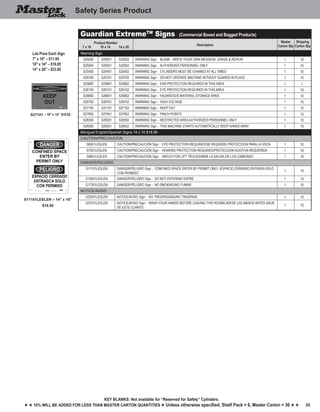 35
Key blankS: Not available for “Reserved for Safety” Cylinders.
h h 10% will be added for less than master carton quantities h Unless otherwise specified, Shelf Pack = 6, Master Carton = 36 h h
Safety Series Product
S11101LESLEN – 14" x 10"
$18.95
List Price Each Sign
7" x 10" – $11.95
10" x 14" – $18.95
14" x 20" – $33.95
S27101 – 10" x 14" $18.95
Guardian ExtremeTM
Signs (Commercial Boxed and Bagged Products)
Product Number
7 x 10 10 x 14 14 x 20
Description
Master
Carton Qty
Shipping
Carton Qty
Warning Sign
S25000 S25001 S25002 WARNING Sign - BLANK - WRITE YOUR OWN MESSAGE, ERASE & REPEAT 1 10
S25050 S25051 S25052 WARNING Sign - AUTHORIZED PERSONNEL ONLY 1 10
S25400 S25401 S25402 WARNING Sign - CYLINDERS MUST BE CHAINED AT ALL TIMES 1 10
S25700 S25701 S25702 WARNING Sign - DO NOT OPERATE MACHINE WITHOUT GUARDS IN PLACE 1 10
S25800 S25801 S25802 WARNING Sign - EAR PROTECTION REQUIRED IN THIS AREA 1 1
S26150 S26151 S26152 WARNING Sign - EYE PROTECTION REQUIRED IN THIS AREA 1 10
S26650 S26651 S26652 WARNING Sign - HAZARDOUS MATERIAL STORAGE AREA 1 10
S26750 S26751 S26752 WARNING Sign - HIGH VOLTAGE 1 10
S27100 S27101 S27102 WARNING Sign - KEEP OUT 1 10
S27950 S27951 S27952 WARNING Sign - PINCH POINTS 1 10
S28300 S28301 S28302 WARNING Sign - RESTRICTED AREAAUTHORIZED PERSONNEL ONLY 1 10
S28550 S28551 S28552 WARNING Sign - THIS MACHINE STARTS AUTOMATICALLY KEEP HANDS AWAY 1 10
Bilingual English/Spanish Signs 14 x 10 $18.95
CAUTION/PRECAUCION
S6051LESLEN CAUTION/PRECAUCION Sign - EYE PROTECTION REQUIRED/SE REQUIERE PROTECCION PARA LA VISTA 1 10
S7501LESLEN CAUTION/PRECAUCION Sign - HEARING PROTECTION REQUIRED/PROTECCION AUDITIVA REQUERIDA 1 10
S9651LESLEN CAUTION/PRECAUCION Sign - WATCH FOR LIFT TRUCKS/MIRE LA SALIDA DE LOS CAMIONES 1 10
DANGER/PELIGRO
S11101LESLEN DANGER/PELIGRO Sign - CONFINED SPACE ENTER BY PERMIT ONLY. /ESPACIO CERRADO ENTRADA SOLO
CON PERMISO
1 10
S12401LESLEN DANGER/PELIGRO Sign - DO NOT ENTER/NO ENTRE 1 10
S17351LESLEN DANGER/PELIGRO Sign - NO SMOKING/NO FUMAR 1 10
NOTICE/AVISO
S22551LESLEN NOTICE/AVISO Sign - NO TRESPASSING/NO TRASPASE 1 10
S23751LESLEN NOTICE/AVISO Sign - WASH YOUR HANDS BEFORE LEAVING THIS ROOM/LAVESE LAS MANOS ANTES SAUR
DE ESTE CUARTO
1 10
 