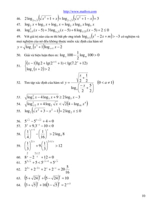 (

http://www.mathvn.com

)

(

)

2 log 2+ 3 x 2 + 1 + x + log 2- 3 x 2 + 1 - x = 3
47. log 2 x + log 3 x + log 5 x = log 2 x log 3 x log 5 x
2
48. log1 / 5 ( x - 5) + 3 log 5 5 ( x - 5) + 6 log1 / 25 ( x - 5) + 2 £ 0
46.

(

)

49. Víi gi¸ trÞ nµo cña m th× bÊt ph-¬ng tr×nh log1 / 2 x - 2 x + m > -3 cã nghiÖm vµ
mäi nghiÖm cña nã ®Òu kh«ng thuéc miÒn x¸c ®Þnh cña hµm sè

(

2

)

y = log x x 3 + 1 log x +1 x - 2
1
log m 100 > 0
2
ì( x - 1) lg 2 + lg(2 x +1 + 1) < lg(7.2 x + 12)
51. í
îlog x ( x + 2 ) > 2
50. Gi¶i vµ biÖn luËn theo m: log x 100 -

x 1
+
2 2
52. T×m tËp x¸c ®Þnh cña hµm sè y =
æ- x 5ö
log a ç
+ ÷
è 2 2ø
53.

2
log 3 x - 4 log 3 x + 9 ³ 2 log 3 x - 3

54.

2
log1 / 2 x + 4 log 2 x < 2 4 - log16 x 4

55.

log 2

(

(

)

(0 < a ¹ 1)

)

x 2 + 3 - x 2 - 1 + 2 log 2 x £ 0

5 x - 51- x + 4 = 0
3 x + 9.3- x - 10 < 0
x -1
x
æ1ö
æ1ö
58. ç ÷ - ç ÷ > 2 log 4 8
è4ø
è 16 ø
56.
57.

æ1ö
59. ç ÷
è3ø
2
x

2/ x

æ1ö
+ 9.ç ÷
è3ø

2 +1 / x

3 x +3
x

8 -2
+ 12 = 0
2 x
61. 5
+ 5 < 5 x +1 + 5
60.
62.
63.
64.

> 12

x

5
16
= 10

2 2 x + 2 -2 x + 2 x + 2 - x = 20

(5 + 24 ) + (5 - 24 )
(3 + 5 ) + 16(3 - 5 ) = 2
x

x

x

x

x +3

10

 
