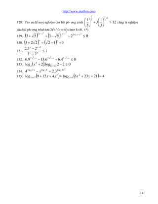 http://www.mathvn.com

æ1ö
è3ø

2
x

æ1ö
è3ø

128. T×m m ®Ó mäi nghiÖm cña bÊt ph-¬ng tr×nh ç ÷ + 3ç ÷
cña bÊt ph-¬ng tr×nh (m-2)2x2-3(m-6)x-(m+1)<0. (*)
129. (3 + 5 )
+ (3 - 5 )
130. (3 + 2 2 ) = ( 2 - 1) + 3
2 x-x2

x

2 x-x2

1
+1
x

> 12 còng lµ nghiÖm

2

- 21+2 x - x £ 0

x

2.3 x - 2 x +2
131.
£1
3x - 2 x
2
2
2 x2 -x
132. 6.9
- 13.6 2 x - x + 6.4 2 x - x £ 0
2
133. log 2 x + 2 . log (2 -x ) 2 - 2 ³ 0

(

)

log 4 x 2

134. 4 2 - x 2 = 2.3 2
2
2
135. log 3 x +7 9 + 12 x + 4 x + log 2 x +3 6 x + 23 x + 21 = 4
log 2 x

(

log 6

)

(

)

14

 