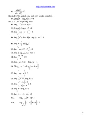http://www.mathvn.com
83.

lg ( ax )
=2
lg ( x + 1)

Bµi XVIII: T×m a ®Ó ph-¬ng tr×nh cã 4 nghiÖm ph©n biÖt.
2
84. 2 log3 x - log3 x + a = 0
Bµi XIX: Gi¶i bÊt ph-¬ng tr×nh:

(

)

85. log8 x 2 - 4x + 3 £ 1
86. log3 x - log3 x - 3 < 0

(

)û

87. log 1 é log 4 x 2 - 5 ù > 0
3

ë

(

)

88. log 1 x 2 - 6x + 8 + 2 log5 ( x - 4 ) < 0
5

89. log 1 x +
3

5
³ log x 3
2

(

)

90. log x é log9 3x - 9 ù < 1

ë
û
91. log x 2.log2x 2.log 2 4x > 1
4x + 6
92. log 1
³0
x
3

93. log2 ( x + 3 ) ³ 1 + log2 ( x - 1)
94. 2 log8 (x - 2) + log 1 (x - 3) >
8

æ
ç
è

2
3

ö
÷
2 ø
3x + 4.log x 5 > 1

95. log3 ç log 1 x ÷ ³ 0
96. log5

x 2 - 4x + 3

³0
x2 + x - 5
98. log 1 x + log3 x > 1
97. log3

2

(

)

99. log 2x x 2 - 5x + 6 < 1
100.

log3x -x2 ( 3 - x ) > 1

101.

log

æ 2 5
ö
ç x - x + 1÷ ³ 0
2
è
ø
x2 +1
3x

5

 