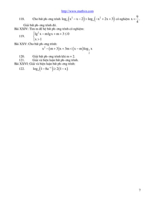 http://www.mathvn.com
118.

(

)

(

Gi¶i bÊt ph-¬ng tr×nh ®ã.
Bµi XXIV: T×m m ®Ó hÖ bÊt ph-¬ng tr×nh cã nghiÖm:
119.

)

Cho bÊt ph-¬ng tr×nh loga x 2 - x - 2 > loga - x 2 + 2x + 3 cã nghiÖm x =

9
.
4

ìlg 2 x - m lg x + m + 3 £ 0
í
îx > 1

Bµi XXV: Cho bÊt ph-¬ng tr×nh:

x 2 - ( m + 3 ) x + 3m < ( x - m ) log 1 x
2

120.
Gi¶i bÊt ph-¬ng tr×nh khi m = 2.
121.
Gi¶i vµ biÖn luËn bÊt ph-¬ng tr×nh.
Bµi XXVI: Gi¶i vµ biÖn luËn bÊt ph-¬ng tr×nh:
122.

(

)

loga 1 - 8a - x ³ 2 (1 - x )

7

 