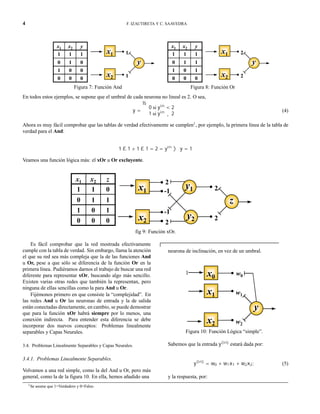 4 F. IZAUTIRETA Y C. SAAVEDRA
1
1x1
x2
y
x1 x2 y
1 1 1
0 1 0
1 0 0
0 0 0
Figura 7: Función And
2
2x1
x2
y
x1 x2 y
1 1 1
0 1 1
1 0 1
0 0 0
Figura 8: Función Or
En todos estos ejemplos, se supone que el umbral de cada neurona no lineal es 2. O sea,
y =
½
0 si yin
< 2
1 si yin
¸ 2
(4)
Ahora es muy fácil comprobar que las tablas de verdad efectivamente se cumplen1
, por ejemplo, la primera línea de la tabla de
verdad para el And:
1 £ 1 + 1 £ 1 = 2 = yin
) y = 1
Veamos una función lógica más: el xOr u Or excluyente.
2
2
z
x1 x2 z
1 1 0
0 1 1
1 0 1
0 0 0
x1
x2
y1
y2
2
2
-1
-1
fig 9: Función xOr.
Es fácil comprobar que la red mostrada efectivamente
cumple con la tabla de verdad. Sin embargo, llama la atención
el que su red sea más compleja que la de las funciones And
u Or, pese a que sólo se diferencia de la función Or en la
primera línea. Pudiéramos darnos el trabajo de buscar una red
diferente para representar xOr, buscando algo más sencillo.
Existen varias otras redes que también la representan, pero
ninguna de ellas sencillas como la para And u Or.
Fijémonos primero en que consiste la “complejidad”. En
las redes And u Or las neuronas de entrada y la de salida
están conectadas directamente, en cambio, se puede demostrar
que para la función xOr habrá siempre por lo menos, una
conexión indirecta. Para entender esta diferencia se debe
incorporar dos nuevos conceptos: Problemas linealmente
separables y Capas Neurales.
3.4. Problemas Linealmente Separables y Capas Neurales.
3.4.1. Problemas Linealmente Separables.
Volvamos a una red simple, como la del And u Or, pero más
general, como la de la figura 10. En ella, hemos añadido una
neurona de inclinación, en vez de un umbral.
w2
w1
y
x1
x2
x0 w0
1
Figura 10: Función Lógica “simple”.
Sabemos que la entrada y(in)
estará dada por:
y(in)
= w0 + w1x1 + w2x2; (5)
y la respuesta, por:
1Se asume que 1=Verdadero y 0=Falso.
 