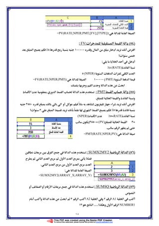 ١٥
‫א‬ ‫א‬ ‫א‬:=PV(RATE;NPER;PMT;[FV];[TYPE])
)(ª‫א‬ ‫א‬ ‫א‬ ‫دא‬:FV:
‫و‬ ‫ل‬ ‫א‬ ‫אد‬ ‫ض‬Ø ‫א‬‫א‬
ª‫א‬ 
Ġ‫א‬  ‫د‬:
‫א‬(RATE)
‫א‬ ª ‫א‬ ª‫א‬Ø ‫א‬ ‫د‬ ‫א‬(NPER)
‫א‬ ‫א‬PMT)(‫א‬ ‫א‬:=FV(RATE;NPER;PMT)
‫و‬ ‫א‬ ‫د‬ ‫و‬ ‫א‬ ‫א‬ ę‫א‬
)(‫א‬ ª ‫دא‬PMT:‫ط‬ ‫א‬ ‫د‬ Ĩ ‫و‬ ‫א‬ ‫א‬ ª ğ ‫א‬ ‫א‬ ‫م‬
ğ‫א‬ ‫وא‬ ‫א‬ ‫و‬.
Ĩ ‫א‬ ‫و‬ ً ‫ن‬ ‫ز‬ ‫א‬ ‫ض‬Ø ‫א‬
‫א‬‫א‬ ً  ‫א‬ª‫א‬
‫א‬RATE=‫ط‬ ‫א‬ ‫د‬(NPER)
=ğ‫א‬ ‫א‬(PV)=)‫ن‬
‫א‬ Í.
‫א‬ ‫א‬:=PMT(RATE,NPER,PV)
)(‫א‬ ‫א‬ ‫א‬2MY2SUMX:Ħ ª Ħ ‫ق‬ ‫א‬   ‫א‬ ‫א‬ ‫م‬
ª ‫א‬ ‫د‬ ‫א‬ ‫ول‬ ‫א‬ ‫د‬ ‫א‬ Ĩ
‫א‬ ‫د‬ ‫א‬ ‫ول‬ ‫א‬ ‫د‬ ‫א‬ ‫د‬ ‫א‬.
‫א‬ ‫א‬ ‫א‬:
=SUMX2MY2(ARRAY_X;ARRAY_Y)
)(‫א‬ ‫א‬ ‫א‬SUMSQ:  ‫א‬ ‫א‬ ‫م‬‫و‬ ‫א‬ ‫و‬ ‫م‬ ‫א‬ ª
‫ص‬ ‫א‬
Ġ‫א‬ A1‫א‬Ġ‫א‬ ‫و‬A2‫א‬‫م‬ ‫و‬ ‫א‬ ‫א‬ ę‫א‬
NUMBER1‫א‬ ‫و‬ ‫ول‬ ‫א‬ ‫א‬.....‫א‬
 