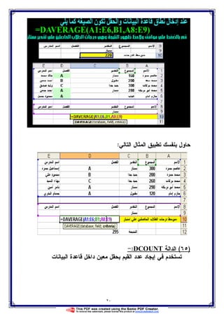 ٢٠
‫ﺍﻝﺘﺎﻝﻲ‬ ‫ﺍﻝﻤﺜﺎل‬ ‫ﺘﻁﺒﻴﻕ‬ ‫ﺒﻨﻔﺴﻙ‬ ‫ﺤﺎﻭل‬:
)٦٥(‫ﺍﻝﺩﺍﻝﺔ‬DCOUNT:-
‫ﺍﻝﺒﻴﺎﻨﺎﺕ‬ ‫ﻗﺎﻋﺩﺓ‬ ‫ﺩﺍﺨل‬ ‫ﻤﻌﻴﻥ‬ ‫ﺒﺤﻘل‬ ‫ﺍﻝﻘﻴﻡ‬ ‫ﻋﺩﺩ‬ ‫ﺇﻴﺠﺎﺩ‬ ‫ﻓﻲ‬ ‫ﺘﺴﺘﺨﺩﻡ‬
 