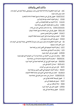 ٢
ª ‫وא‬ ‫א‬ ª ‫دא‬
ASC‫و‬ ‫א‬ ú Ù‫ض‬ ‫א‬)‫دوج‬(ª‫ذא‬ ú ħ ú 
‫ض‬)‫د‬.(
BAHTTEXT‫א‬ ‫אم‬ ħ Ĝß)baht()‫א‬(
CHAR‫א‬ ‫א‬ ‫د‬ Ò‫א‬ ú ğ‫א‬ ‫ع‬.
CLEAN‫א‬ ‫א‬ Ù ú ‫א‬ ‫زא‬.
CODE ‫ول‬ ‫א‬ ú ‫א‬ ‫ع‬.
CONCATENATE‫وא‬ .
DOLLAR‫א‬ ‫אم‬ ħ Ĝ$(‫دو‬)
EXACTĦ Ħ ĩ ‫א‬.
FIND‫دא‬ ‫א‬)ú ‫א‬ ğ.(
FIXED‫د‬.
JIS‫ض‬ ª‫ذא‬ ‫א‬ ú ‫א‬ Ù)‫د‬(ª‫ذא‬ ú ħ ú  ‫و‬
‫ض‬)‫دوج‬.(
LEFT‫א‬  ‫د‬ ‫א‬ ú ‫א‬ ‫ع‬
LEN ú ‫א‬ ‫د‬ ‫ع‬.
LOWERÙ ú ħ Ĝ.
MID‫م‬ ‫א‬ ‫א‬ ‫א‬ ú ‫א‬ Ħ ‫د‬ ‫ع‬.
PHONETIC‫א‬ ú ‫א‬ ‫אج‬ ‫א‬)furigana(.
PROPERÙ ú ħ  ‫ول‬ ‫א‬ ú ğ‫א‬ Ù.
REPLACE‫א‬ ‫אل‬ ‫א‬ ú.
REPTª‫א‬ ‫א‬ Ħ ‫د‬ ħ ‫א‬.
RIGHTĦ ‫א‬  ‫د‬ ‫א‬ ú ‫א‬ ‫ع‬.
SEARCH ‫א‬)ú ‫א‬ ğ Ù.(
SUBSTITUTE ‫אل‬ ‫א‬.
Tħ Ġ‫א‬ ‫א‬ Ĝ.
TEXTĜ‫و‬ħ.
TRIMª ‫א‬ ‫زא‬.
UPPERÙ ú ħ ‫א‬ Ĝ.
VALUEħ ‫و‬ Ĝ.
 