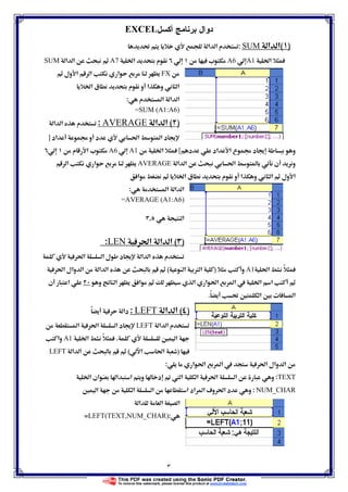 ٣
‫ﺃﻜﺴل‬ ‫ﺒﺭﻨﺎﻤﺞ‬ ‫ﺩﻭﺍل‬EXCEL
)(‫א‬ ‫א‬SUM:Ĝ ‫א‬ ‫א‬ ‫م‬
Ġ‫א‬A1A6ªĠ‫א‬ ‫م‬A7‫א‬ ‫א‬SUM
FX‫ول‬ ‫א‬ ‫א‬ ‫א‬
Ġ‫א‬ ‫ق‬ ‫م‬ ‫و‬ ‫א‬ ‫و‬ ‫א‬
‫م‬ ‫א‬ ‫א‬ ‫א‬:
=SUM (A1:A6)
)(‫א‬ ‫א‬AVERAGE:‫א‬ ‫א‬ ‫م‬
ğ‫א‬ ‫א‬ ‫د‬ ‫אد‬ ġ ‫و‬ ‫د‬]
‫د‬ ‫אد‬ ‫א‬ ‫ع‬ ġ ‫د‬  ‫و‬[Ġ‫א‬A1A6‫م‬ ‫א‬ ª
‫א‬ ‫א‬ ğ‫א‬  ‫ن‬ ‫و‬AVERAGE‫א‬ ‫א‬
‫א‬ Ġ‫א‬ ‫ق‬ ‫م‬ ‫و‬ ‫א‬ ‫و‬ ‫א‬ ‫ول‬ ‫א‬
‫א‬ ‫א‬ ‫א‬:
=AVERAGE (A1:A6)
‫א‬,
)(ğ‫א‬ ‫א‬ ‫א‬LEN:
ğ‫א‬ ‫א‬ ‫ل‬ ‫د‬  ‫א‬ ‫א‬ ‫م‬
ğ‫א‬ ًA1‫و‬)‫א‬ Ø ‫א‬(ğ‫א‬ ‫وאل‬ ‫א‬ ‫א‬ ‫א‬
‫و‬ ‫א‬ ‫א‬ ‫א‬ ‫א‬ ğ‫א‬ ‫א‬  Ġ‫א‬ ‫א‬‫ن‬ ‫א‬
ً Ĝ Ħ ‫א‬ Ħ ª ‫א‬.
)(‫א‬ ‫א‬LEFT:ً ‫دא‬
‫א‬ ‫א‬ ‫م‬LEFT‫د‬ ‫א‬ ğ‫א‬ ‫א‬
Ħ ‫א‬.Ġ‫א‬ ًA1‫وא‬
)‫א‬ ğ‫א‬(‫א‬ ‫א‬LEFT
‫א‬ ğ‫א‬ ‫א‬  ğ‫א‬ ‫وאل‬ ‫א‬:
TEXT: ‫د‬ Ë  ‫א‬ ‫א‬ ğ‫א‬ ‫א‬ ‫و‬‫א‬ ‫א‬ ‫و‬Ġ‫א‬ ‫אن‬ 
NUM_CHAR:‫אد‬ ‫א‬ ú‫و‬ ğ‫א‬ ‫د‬ ‫و‬‫א‬Ħ ‫א‬ ‫א‬ ‫א‬
‫א‬ ‫א‬ ‫א‬
:LEFT(TEXT,NUM_CHAR)=
 