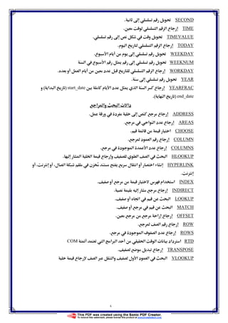 ٨
NOW‫و‬ ‫א‬ ‫א‬ ‫ع‬ğ‫א‬ ‫א‬.
SECONDħ Ĝ.
TIMEĦ ‫א‬ ‫א‬ ‫ع‬.
TIMEVALUEħ  ‫و‬ Ĝ.
TODAY‫م‬ ‫א‬ ‫א‬ ‫א‬ ‫ع‬.
WEEKDAY‫ع‬ ‫א‬ ‫م‬ ‫م‬ ħ Ĝ.
WEEKNUM‫א‬ ī ħ Ĝ‫א‬  ‫ع‬
WORKDAY‫و‬ ‫א‬ ‫م‬ Ħ ‫د‬ ‫א‬ ‫א‬ ‫ع‬.
YEARħ Ĝ.
YEARFRAC‫ع‬Ħ ‫م‬ ‫א‬ ‫د‬ ī ‫א‬ ‫א‬date_start)‫א‬ ‫א‬(‫و‬
end_date)‫א‬.(
‫א‬ ‫وא‬ ‫א‬ ª ‫دא‬
ADDRESS‫و‬  ‫د‬ ħ ‫ع‬.
AREAS ‫א‬ ‫א‬ ‫د‬ ‫ع‬.
CHOOSE‫א‬.
COLUMN ‫د‬ ‫א‬ ‫ع‬.
COLUMNS ‫د‬ ‫א‬ ‫א‬ ‫د‬ ‫ع‬.
HLOOKUP‫א‬ Ġ‫א‬ ‫ع‬ ‫و‬ ‫א‬ ‫א‬  ‫א‬.
HYPERLINK‫و‬ ‫ل‬ ‫א‬  ‫ن‬ ‫ل‬ ‫א‬ ‫و‬ ‫א‬Ø‫و‬
Ø.
INDEX‫و‬ ‫س‬ ‫אم‬ ‫א‬.
INDIRECT‫ع‬.
LOOKUP‫و‬ ě‫א‬  ‫א‬.
MATCH‫و‬  ‫א‬.
OFFSETĦ ‫زא‬ ‫ع‬.
ROW ‫א‬ ‫ع‬.
ROWS ‫د‬ ‫א‬ ú ‫א‬ ‫د‬ ‫ع‬.
RTD ‫א‬ ‫×א‬ ‫א‬ ğ‫א‬ ‫א‬ ª ‫دאد‬Ø ‫א‬ĩCOM
TRANSPOSE‫ع‬.
VLOOKUP‫ع‬ ‫א‬ × ‫وא‬ ‫ول‬ ‫א‬ ‫د‬ ‫א‬  ‫א‬
 