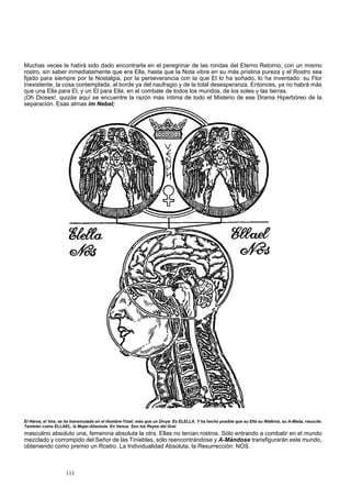 Muchas veces le habrá sido dado encontrarla en el peregrinar de las rondas del Eterno Retorno, con un mismo 
rostro, sin saber inmediatamente que era Ella, hasta que la Nota vibre en su más prístina pureza y el Rostro sea 
fijado para siempre por la Nostalgia, por la perseverancia con la que El lo ha soñado, lo ha inventado: su Flor 
Inexistente, la cosa contemplada, al borde ya del naufragio y de la total desesperanza. Entonces, ya no habrá más 
que una Ella para El, y un El para Ella, en el combate de todos los mundos, de los soles y las tierras. 
¡Oh Dioses!, quizás aquí se encuentre la razón más íntima de todo el Misterio de ese Drama Hiperbóreo de la 
separación. Esas almas im Nebel; 
El Héroe, el Vira, se ha transmutado en el Hombre-Total; más que un Divya: Es ELELLA. Y ha hecho posible que su Ella su Walkiria, su A-Mada, resucite. 
También como ELLAEL, la Mujer-Absoluta. En Venus. Son los Reyes del Gral. 
masculino absoluto una, femenina absoluta la otra. Ellas no tenían rostros. Sólo entrando a combatir en el mundo 
mezclado y corrompido del Señor de las Tinieblas, sólo reencontrándose y A-Mándose transfigurarán este mundo, 
obteniendo como premio un Rostro. La Individualidad Absoluta, la Resurrección: NOS. 
111 
 