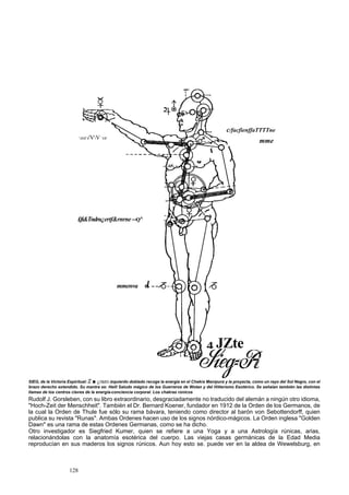 c/facfíenffaTTTTne 
mme ' ////' i'VV ' i i1 
£fi&Tndru¿ertf&rnrne --Q^ 
mmenva 
4 JZte 
SIEG, de la Victoria Espiritual: Z ■ ¿razo izquierdo doblado recoge la energía en el Chakra Manipura y la proyecta, como un rayo del Sol Negro, con el 
brazo derecho extendido. Su mantra es: Heill Saludo mágico de los Guerreros de Wotan y del Hitlerismo Esotérico. Se señalan también las distintas 
llamas de los centros claves de la energía-conciencia corporal. Los chakras rúnicos 
Rudolf J. Gorsleben, con su libro extraordinario, desgraciadamente no traducido del alemán a ningún otro idioma, 
"Hoch-Zeit der Menschheit". También el Dr. Bernard Koener, fundador en 1912 de la Orden de los Germanos, de 
la cual la Orden de Thule fue sólo su rama bávara, teniendo como director al barón von Sebottendorff, quien 
publica su revista "Runas". Ambas Ordenes hacen uso de los signos nórdico-mágicos. La Orden inglesa "Golden 
Dawn" es una rama de estas Ordenes Germanas, como se ha dicho. 
Otro investigador es Siegfried Kumer, quien se refiere a una Yoga y a una Astrología rúnicas, arias, 
relacionándolas con la anatomía esotérica del cuerpo. Las viejas casas germánicas de la Edad Media 
reproducían en sus maderos los signos rúnicos. Aun hoy esto se. puede ver en la aldea de Wewelsburg, en 
128 
 