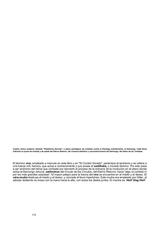 Cuadro rúnico zodiacal, llamado "Plataforma Secreta", o plano estratégico de combate contra el Enemigo extraterrestre, el Demiurgo. Cada Runa 
indicaría un punto de entrada y de salida del Eterno Retorno, del Cosmos diabólico y concentracionario del Demiurgo, del Señor de las Tinieblas. 
El término vira; empleado a menudo en este libro y en "El Cordón Dorado", pertenece al tantrismo y se refiere a 
una fuerza viril, heroica, que actúa a contracorriente y que posee el saddhaká, o iniciado tántrico. Por esto pasa 
a ser sinónimo del héroe que combate por reinvertir el proceso de la entropía de la involución en el plano donde 
actúa el Demiurgo Jehová, saliéndose del Círculo de los Círculos, del Eterno Retorno, hacia "algo no soñado ni 
por los más grandes utopistas". El mayor peligro para la fuerza del vira se encuentra en el miedo y el deseo. El 
vára-mudra destruye el miedo y el deseo, y concede el favor hiperbóreo. Este mudra era empleado por Hitler, al 
saludar doblando su brazo con la mano hacia lo alto, con todos los dedos juntos. El mantra es: Heil! Sieg Heil! 
134 
 