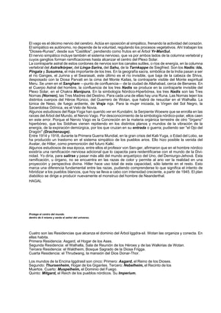 El vago es el décimo nervio del cerebro. Actúa en oposición al simpático, frenando la actividad del corazón. 
El simpático es autónomo, no depende de la voluntad, regulando los procesos vegetativos. Ahí trabajan los 
"Dioses-Runas", desde sus "Castillos", pendiendo como frutos en el Árbol Yr-ManSul. 
El nervio simpático incluye también el sistema nervioso, que va por ambos lados de la columna vertebral y 
cuyos ganglios forman ramificaciones hasta alcanzar el centro del Plexo Solar. 
La contraparte astral de estos cordones de nervios son los canales sutiles, o ríos de energía, en la columna 
vertebral del Astralkórper, del Linga-Sarira, del Sahu, de la Tarnkappe de Siegfried. Son los Nadis: Ida, 
Píngala y Susumna, el más importante de los tres. En la geografía sacra, simbólica de la India pasan a ser 
el río Ganges, el Jumna y el Swarasati, este último es el río invisible, que baja de la cabeza de Shiva, 
desposado con la Diosa Parvati en la cima del Monte Kailas, la contraparte visible del Monte espiritual 
Meru. Se unen en el Sangham —punto de confluencia— de la ciudad de Allahabad, cerca de Benares. En 
el Cuerpo Astral del hombre, la confluencia de los tres Nadis se produce en la contraparte invisible del 
Plexo Solar, en el Chakra Manipura. En la simbología Nórdico-Hiperbórea, los tres Nadis son las Tres 
Nornas (Nornen), las Tres Madres del Destino. Para cada una de ellas hay una Runa. Las Nornas tejen los 
distintos cuerpos del Héroe Rúnico, del Guerrero de Wotan, que habrá de resucitar en el Walhalla. La 
túnica de Neso, de fuego ardiente, de Vraja roja. Para la mujer iniciada, la Virgen del Sol Negro, la 
Sacerdotisa Odínica, es el Velo de Novia. 
Algunos estudiosos del Raja-Yoga han querido ver en Kundalini, la Serpiente Woewre que se enrolla en las 
raíces del Árbol del Mundo, el Nervio Vago. Por desconocimiento de la simbología nórdico-polar, ellos caen 
en este error. Porque el Nervio Vago es la Concreción en la materia orgánica terrestre de otro "órgano" 
hiperbóreo, que los Siddhas vienen repitiendo en los distintos planos y mundos de la vibración de la 
energía, de la expiración demiúrgica, por los que cruzan en su entrada o guerra; pudiendo ser "el Ojo del 
Dragón" (Drachenauge). 
Entre 1914 y 1918, durante la Primera Guerra Mundial, en la gran crisis del Kali-Yuga, o Edad del Lobo, se 
ha producido un trastorno en el sistema simpático de los pueblos arios. Ello hizo posible la venida del 
Avatar, de Hitler, como premonición del futuro Kalki. 
Algunos estudiosos de esa época, entre ellos el profesor von Sen-ger, afirmaron que en el hombre nórdico 
existiría una ramificación nerviosa adicional que lo capacita para reidentificarse con el mundo de la Divi-nidad. 
Yo diría, para salirse y pasar más allá del mundo arquetípico del Uno, del Demiurgo-Jehová. Esta 
ramificación, u órgano, no se encuentra en las razas de color y permite al ario ver la realidad en una 
proyección y perspectiva divina. Hitler hace uso total de esta capacidad, sólo latente en el resto. Esto 
marca una diferencia fundamental entre las razas, pudiendo comprenderse lo que significa el intento de 
hibridizar a los pueblos blancos, que hoy se lleva a cabo con intensidad creciente, a partir de 1945. El plan 
diabólico se dirige a producir nuevamente el monstruo del hombre de Neanderthal. 
HAGAL 
Protege el centro del mundo 
dentro de ti mismo y serás el señor del universo. 
Cuatro son las Residencias que alcanza el dominio del Árbol Iggdra-sil. Wotan las organiza y conecta. En 
ellas habita. 
Primera Residencia: Asgard, el Hogar de los Ases. 
Segunda Residencia: el Walhalla, Sala de Reunión de los Héroes y de las Walkirias de Wotan. 
Tercera Residencia: el Waldheim, Bosque Sagrado de la Diosa Frigga. 
Cuarta Residencia: el Thrudwang, la mansión del Dios Donar-Thor. 
Los mundos de la Encina Iggdrasil son cinco: Primero: Asgard, el Reino de los Dioses. 
Segundo: Thursenheim, Hogar de los Gigantes. Tercero: Nebelheim, el Recinto de los 
Muertos. Cuarto: Muspelheim, el Dominio del Fuego. 
Quinto: Mitgard, el Reich de los pueblos nórdicos. Su Imperium. 
 