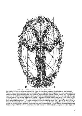 El Vira ha transmutado su sangre en fuego. Su mundo, su "cuerpo astral" 
necio y vibraciones me empezaron a recorrer, como en mis noches. Le escuchaba ahora con gran atención. 
"No hay otra manera de alcanzar la inmortalidad, la que no es para todos, sino para unos pocos capaces de librar 
este combate, el verdadero Combate, esta guerra, la verdadera Gran Guerra. Por eso, los que aquí vamos somos 
guerreros de una Orden sin tiempo, sin edad... Usted está siendo traído a este combate por su propio destino, por 
su cuerpo astral, que le pide, le exige que lo lleve a la vida consciente, que lo conecte con Otro Cuerpo de una 
gnosis divina, superior, con su Mónada, su Purusha, su Dios y que, conscientemente, le entregue su cuerpo físico 
para cognocer en esta tierra... El cuerpo astral es como el negativo del cuerpo físico; pero un negativo que se ha 
borrado. Podríamos decir que desde él es de donde se vuelven a revelar otras fotografías. La "reencarnación", o 
lo que así llamamos, para facilitar la comprensión de algo incomprensible. El cuerpo astral tiene idéntica forma al 
físico, aunque en blanco y negro, diríamos, encontrándose como al otro lado de un espejo. No todos lo poseen; 
65 
 