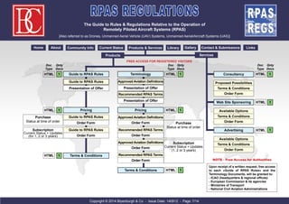 RPAS REGULATIONS 
The Guide to Rules & Regulations Relative to the Operation of 
Remotely Piloted Aircraft Systems (RPAS) 
[Also referred to as Drones, Unmanned Aerial Vehicle (UAV) Systems, Unmanned Aerial/Aircraft Systems (UAS)] 
Home About Community Info Current Status Products & Services Library Gallery Contact & Submissions Links 
Terminology 
Approved Aviation Definitions 
Recommended RPAS Terms 
Pricing 
Approved Aviation Definitions 
Recommended RPAS Terms 
Order Form 
Guide to RPAS Rules 
Guide to RPAS Rules 
Presentation of Offer 
Purchase 
Status at time of order 
Approved Aviation Definitions Subscription 
Recommended RPAS Terms 
Order Form 
Terms & Conditions 
Order Form 
Order Form 
Copyright © 2014 Blyenburgh & Co - Issue Date: 140912 - Page: 7/14 
Web Site Sponsoring 
Advertising 
Presentation of Offer 
Presentation of Offer 
Consultancy 
Pricing 
Guide to RPAS Rules 
Guide to RPAS Rules 
Terms & Conditions 
Purchase 
Status at time of order 
1 
1 
1 
1 1 
1 
1 
1 
1 
Subscription 
Current Status + Updates 
(for 1, 2 or 3 years) 
Products Services 
HTML 
HTML 
HTML 
HTML 
HTML 
HTML 
HTML 
HTML 
HTML 
Proposed Possibilities 
Terms & Conditions 
Order Form 
Available Options 
Terms & Conditions 
Order Form 
Available Options 
Terms & Conditions 
Order Form 
NOTE - Free Access for Authorities 
Upon receipt of a written request, free access 
to each «Guide of RPAS Rules» and the 
Terminology Documents, will be granted to: 
- ICAO (headquarters & regional offices) 
- European Commission & its agencies 
- Ministries of Transport 
- National Civil Aviation Administrations 
free Access For Registered Visitors 
Qnty 
Docs 
Qnty 
Docs 
Qnty 
Docs 
Doc 
Type 
Doc 
Type 
Doc 
Type 
Order Form 
Order Form 
Current Status + Updates 
(1, 2 or 3 years) 
 