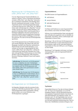 Referenzarchitekturmodell Industrie 4.0 15
Abgrenzung der I4.0-Komponente zwi-
schen „Office floor“ und „Shop floor“
Um eine Abgrenzung der Verantwortlichkeiten vor-
nehmen zu können, wird in Unternehmen gewöhnlich
zwischen „Office floor“ und „Shop floor“ unterschie-
den. In modernen Unternehmen sind allerdings diese
Bereiche zunehmend miteinander verzahnt. Wird ein
Augenmerk auf die Automatisierungstechnik gelegt,
so nimmt die Relevanz des „Office floor“ ab, während
immer mehr Anforderungen des „Shop floor“ relevant
werden. Gleiches gilt auch in anderer Richtung. Auf-
grund der Forderung in Bild 6 nach Konnektivität zu
beliebigen Endpunkten und einem gemeinsamen se-
mantischen Modell müssen Komponenten bestimmte
gemeinsame Eigenschaften unabhängig von den Ebe-
nen aufweisen. Sie sind in Form der I4.0-Komponente
spezifiziert.
Eine I4.0-Komponente kann ein Produktionssystem,
eine einzelne Maschine oder Station oder auch eine
Baugruppe innerhalb einer Maschine repräsentieren.
Damit bewegt sich jede I4.0-Komponente, so ver-
schieden sie sein mag, im Spannungsfeld der Rele-
vanzen „Office floor“ und „Shop floor“, entlang des
Lebenszyklus der Fabrik und in Kontakt mit so zent-
ralen und signifikanten Fabriksystemen wie dem PLM
(Product Lifecycle Management), ERP (Enterprise
Ressource Planning), Industrial Control und Logistik-
Systemen.
Anforderung: Ein Netzwerk von I4.0-Komponen-
ten muss so aufgebaut sein, dass Verbindungen
zwischen beliebigen Endpunkten (I4.0-Komponen-
ten) möglich sind. Die I4.0-Komponenten und
deren Inhalte sollen einem gemeinsamen semanti-
schen Modell folgen.
Anforderung: Das Konzept einer I4.0-Komponen-
te muss so ausdifferenziert werden können, dass es
verschiedenen Anforderungsschwerpunkten, also
„Office floor“ oder „Shop floor“, gerecht werden
kann.
Vom Gegenstand zur I4.0-Komponente
Im folgenden Abschnitt sollen die einzelnen Festle-
gungen der VDI/VDE-Gesellschaft Mess- und Auto-
matisierungstechnik (GMA) miteinander in Bezug
gesetzt werden, um zu einer Definition einer
I4.0-Komponente zu gelangen:
Gegenstandsklassen
Die GMA benennt vier Gegenstandklassen:
 nicht bekannt,
 anonym bekannt,
 individuell bekannt und
 Entitäten.
Um Daten und Funktionen an einen Gegenstand bin-
den zu können, muss dieser als Entität vorliegen.
Software, die im herkömmlichen Sinne auch physisch
oder nicht physisch ausgeliefert wird, ist ebenfalls ein
Gegenstand. Auch Ideen, Archive und Konzepte sind
Gegenstände in diesem Sinne.
Bemerkung 1: Da ein Ziel einer I4.0-Komponente ist,
Daten und Funktionen in einem Informationssystem
bereitzustellen, ergibt sich für individuell bekannte
Gegenstände im Sinne der GMA per se ein Übergang
zu einer Entität.
Bemerkung 2: Im Folgenden wird immer von Gegen-
stand gesprochen, wenn ein Gegenstand/Entität be-
zeichnet wird.
Bild 7. I4.0-Komponente
Typ/Instanz
Gegenstände können als Typ oder als Instanz bekannt
sein. Als Typ ist ein Gegenstand z. B. in der Pla-
nungsphase bekannt; sind die Bestellinformationen
eines geplanten Gegenstands bekannt, kann dieser als
individuell bekannter Typ aufgefasst werden. Als
Instanzen sind z. B. alle Gegenstände einer real exis-
tierenden Maschine aufzufassen. Scheinbare Instan-
zen, die durch mehrfache Instantiierung eines Typs im
Sinne einer Abzählbarkeit entstehen (Chargen), sind
www.vdi.de
 
